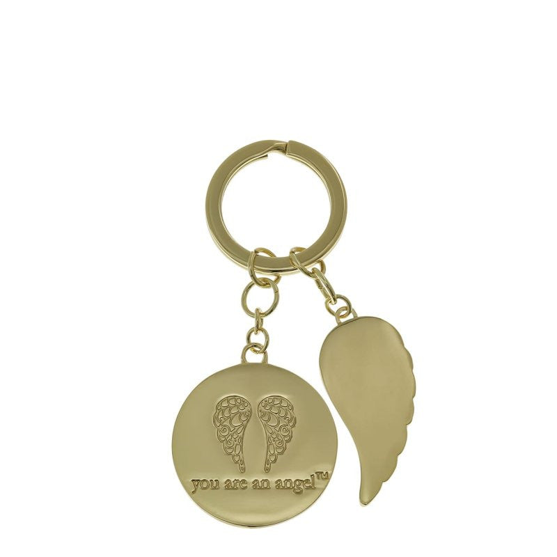 The Beautiful Friend Key Chain ANGK010 by You Are An Angel features a gold keychain with a round angel wing-engraved charm and you are an angel inscription, plus a wing-shaped charm—perfect for celebrating lasting friendships.