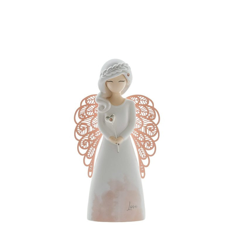 The You Are An Angel Love Angel Figurine ASF024 features pink wings, a white dress, and a gentle smile while holding a flower. Love is inscribed at the base—an ideal heartfelt gift or charming home decor piece.