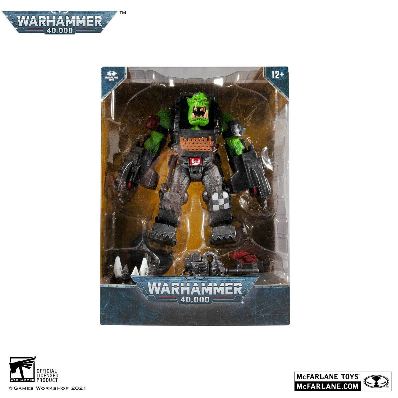 The Warhammer 40,000 40K Figure Ork Meganob with Buzzsaw by McFarlane Toys features a green and black armored Ork with weapons, packaged in a box displaying Warhammer 40,000 branding and McFarlane Toys logos.