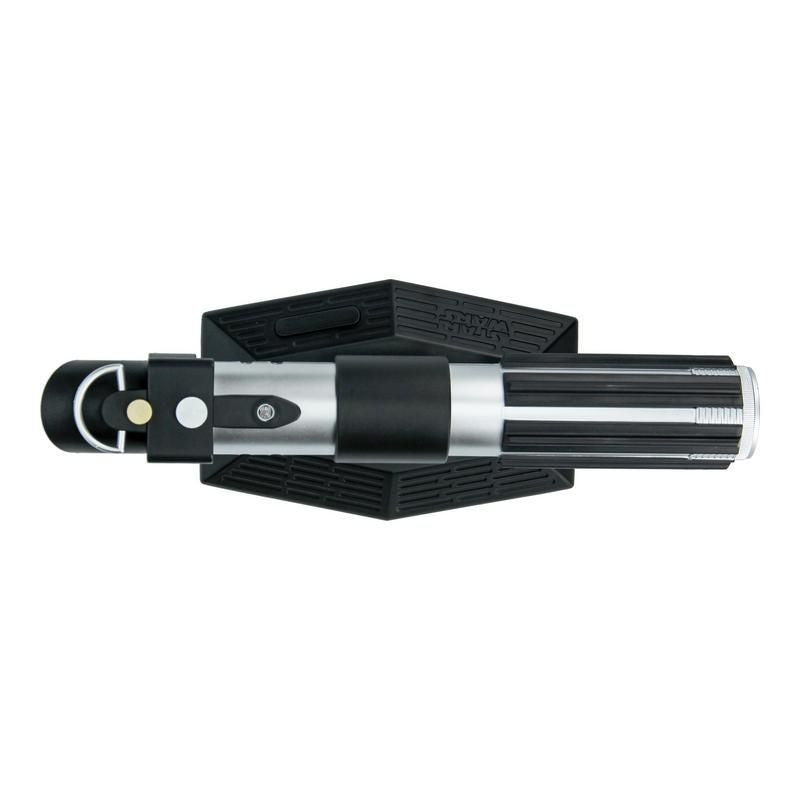 The Star Wars Lightsaber Uplighter by Paladone, an officially licensed product, is shown horizontally on a black Star Wars stand. Inspired by Darth Vader, the black and silver hilt features metallic accents and buttons.