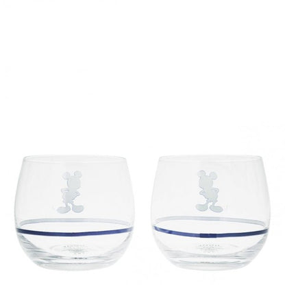 The Disney Home Mono Mickey & Minnie Tumblers (Set of 2) A30845 feature clear glass, a subtle blue stripe near the base, and an outline silhouette of Mickey on each. Perfect for any Disney fan. White background shown.