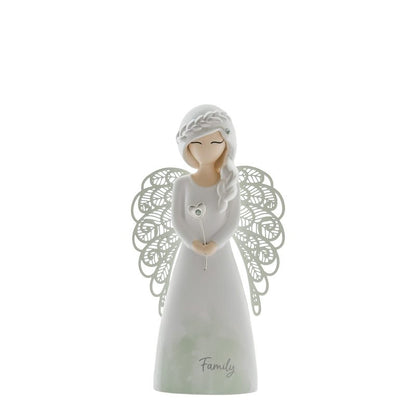 The You Are An Angel Family Angel Figurine ASF021 features intricate wings, braided hair, a white dress holding a flower, and Family on the front—an ideal gift or charming decor for any home.