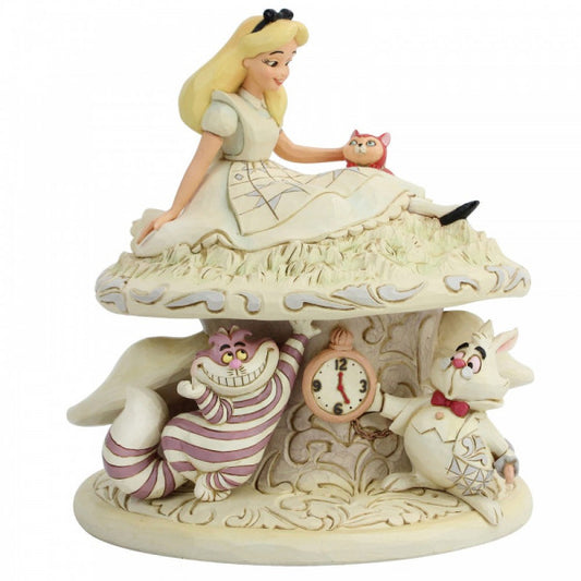 Disney Traditions Alice In Wonderland with Dinah on top of a toadstool, Cheshire Cat & the White Rabbit underneath figurine