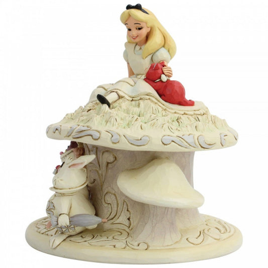 Disney Traditions Alice In Wonderland with Dinah on top of a toadstool, Cheshire Cat & the White Rabbit underneath figurine