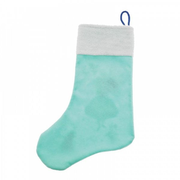 The Disney Enchanting Alice In Wonderland Christmas Stocking A30226 features light blue fabric with a white faux fur trim and a blue hanging loop, shown against a plain white background.