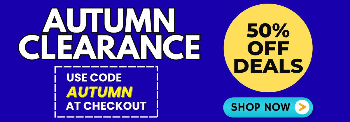 Promotional banner with a dark blue background, large white text reading 'AUTUMN CLEARANCE,' a yellow circle reading '50% OFF DEALS,' a white box with a dashed border saying 'USE CODE AUTUMN AT CHECKOUT,' and a teal 'SHOP NOW' button.