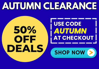 Promotional sale graphic with a dark blue background, a large yellow circle reading '50% OFF DEALS,' white text reading 'AUTUMN CLEARANCE' at the top, a dashed box with the code 'AUTUMN AT CHECKOUT,' and a teal 'SHOP NOW' button.
