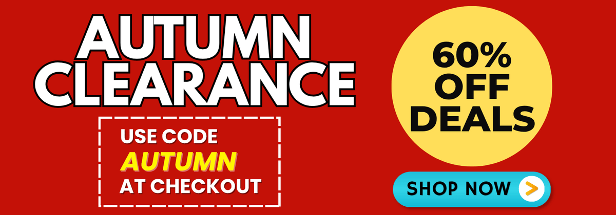 Promotional banner with a red background, large white text reading 'AUTUMN CLEARANCE,' a yellow circle reading '60% OFF DEALS,' a white box with a dashed border, and a blue 'SHOP NOW' button with an orange arrow.