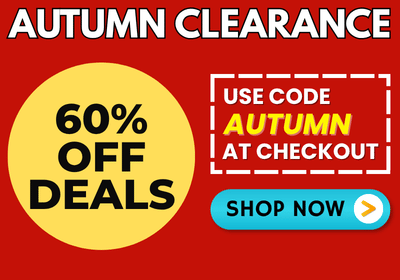 Promotional sale graphic with a red background, a large yellow circle reading '60% OFF DEALS,' white text reading 'AUTUMN CLEARANCE,' a dashed box with the code 'AUTUMN AT CHECKOUT,' and a blue 'SHOP NOW' button.