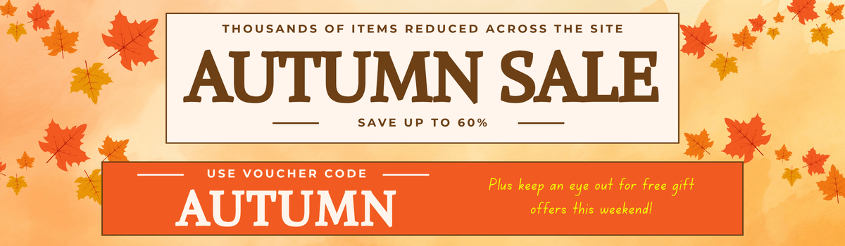 Promotional autumn sale banner with orange and cream background, scattered fall leaves, and text reading 'AUTUMN SALE' and 'USE VOUCHER CODE AUTUMN'.