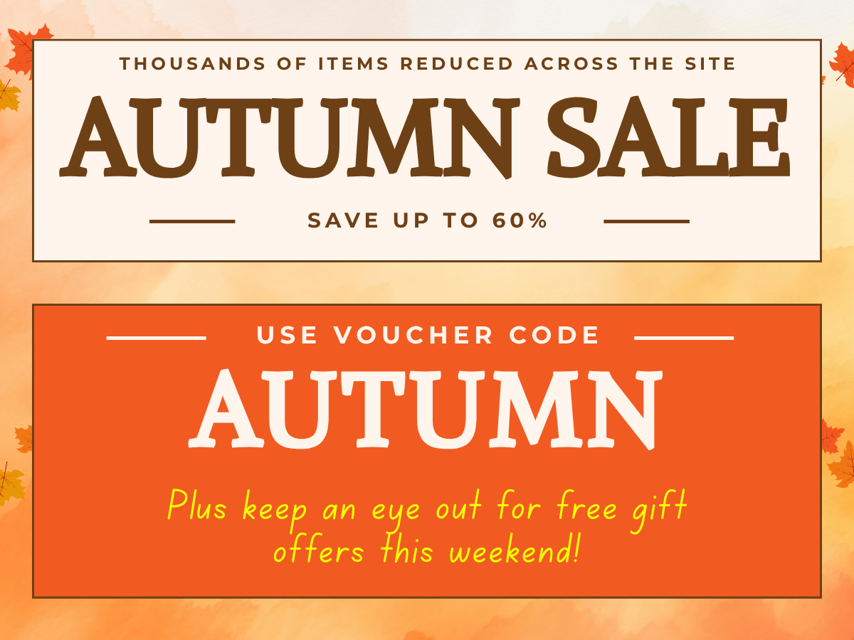 Promotional sale graphic with autumn leaves and orange tones. Large text reads 'AUTUMN SALE' and 'SAVE UP TO 60%' in the top panel, and 'USE VOUCHER CODE AUTUMN' with 'Plus keep an eye out for free gift offers this weekend!' in the bottom panel.