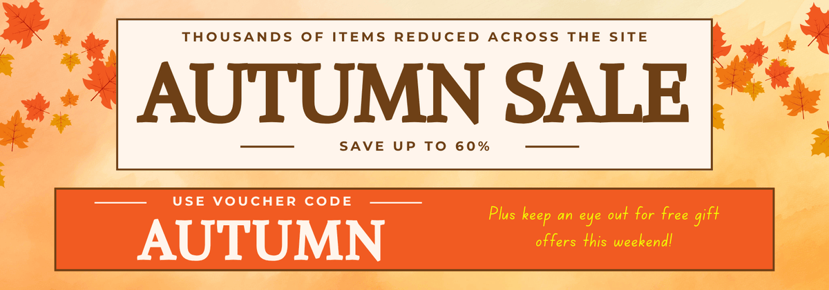 Promotional sale banner with autumn leaves on a warm orange background, featuring large text that reads 'AUTUMN SALE' and 'SAVE UP TO 60%'.