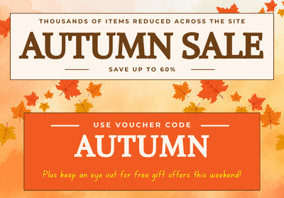 Promotional sale graphic with autumn leaves on an orange background, featuring large text that reads 'AUTUMN SALE' and 'USE VOUCHER CODE AUTUMN'.