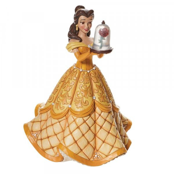 Disney Traditions Belle from Beauty & the Beast in her gold ball gown holding a cloche with a rose inside figurine