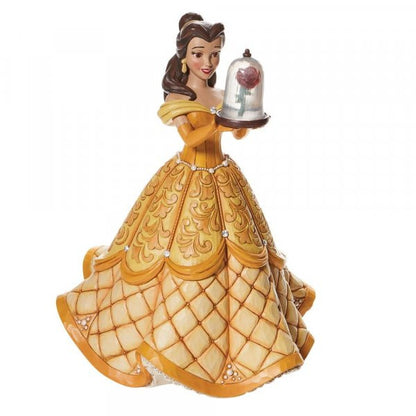 Disney Traditions Belle from Beauty & the Beast in her gold ball gown holding a cloche with a rose inside figurine
