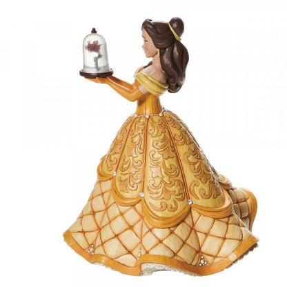 Disney Traditions Belle from Beauty & the Beast in her gold ball gown holding a cloche with a rose inside figurine