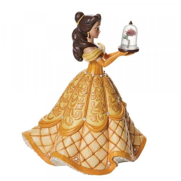 Disney Traditions Belle from Beauty & the Beast in her gold ball gown holding a cloche with a rose inside figurine