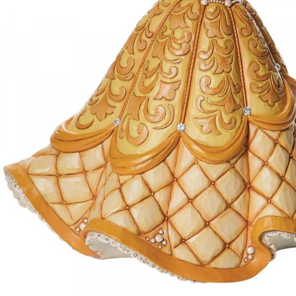 Disney Traditions Belle from Beauty & the Beast in her gold ball gown holding a cloche with a rose inside figurine - skirt detail