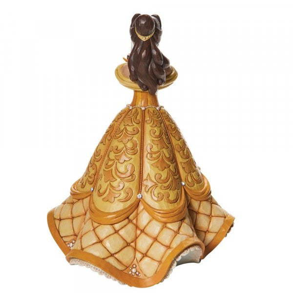 Disney Traditions Belle from Beauty & the Beast in her gold ball gown holding a cloche with a rose inside figurine