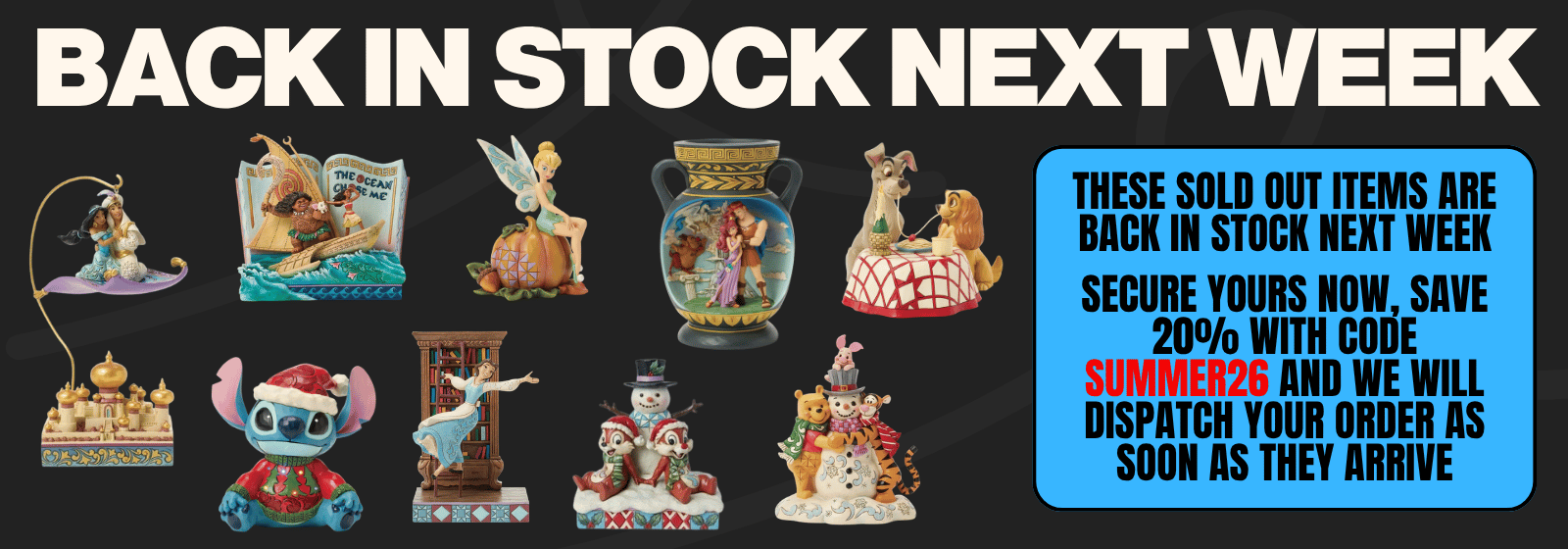 promotional banner advertising products which are back in stock next week on a black background
