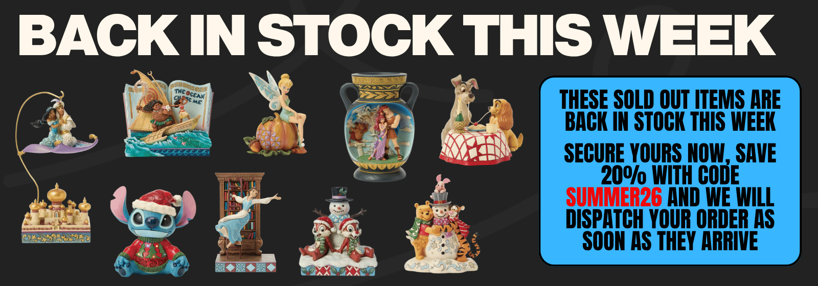 Promotional graphic with the headline 'BACK IN STOCK THIS WEEK' above a collage of small decorative figurines and objects on a black background, plus a blue text box explaining sold-out items are back in stock with a 20% code.