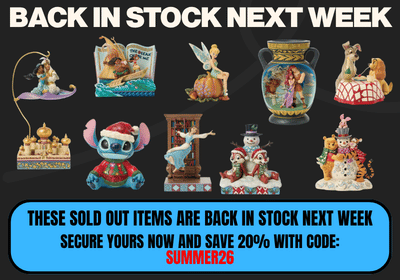 promotional banner advertising products which are back in stock next week on a black background