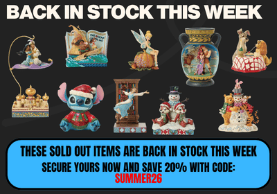 Promotional graphic with the headline 'BACK IN STOCK THIS WEEK' above a collage of multiple small figurines and decorative items on a black background, plus a blue banner at the bottom with sale text and code SUMMER26.