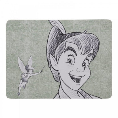 Add magic to your table with the Disney Home Never Grow Up Peter Pan Placemats set of 4 (A31830), featuring a black and white sketch of Peter Pan smiling with Tinker Bell on a textured green background.