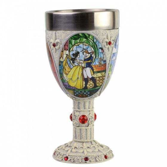 The Enesco Disney Showcase Beauty and the Beast Decorative Goblet 6007188 features a stained-glass style image of Belle and the Beast dancing, with ornate details and red gemstones on the stem and base.