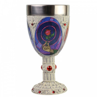 The Enesco Disney Showcase Beauty and the Beast Decorative Goblet (6007188) features a white textured stem with red gems, a stained glass-style red rose on the bowl, and a metallic silver rim, inspired by the classic tale.