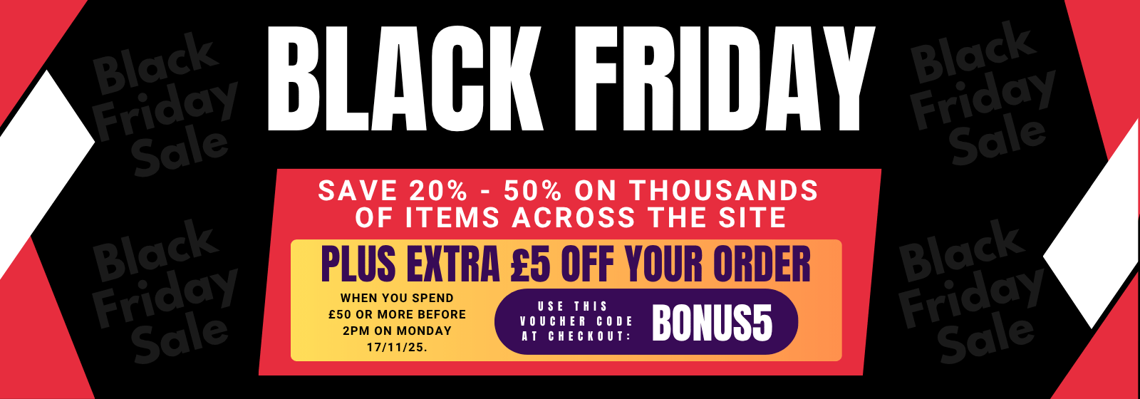 Black Friday sale banner with promotional text and discounts on a black background.