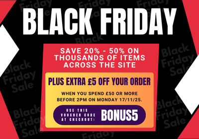 Black Friday sale advertisement with discounts and promotional text on a black and red background.