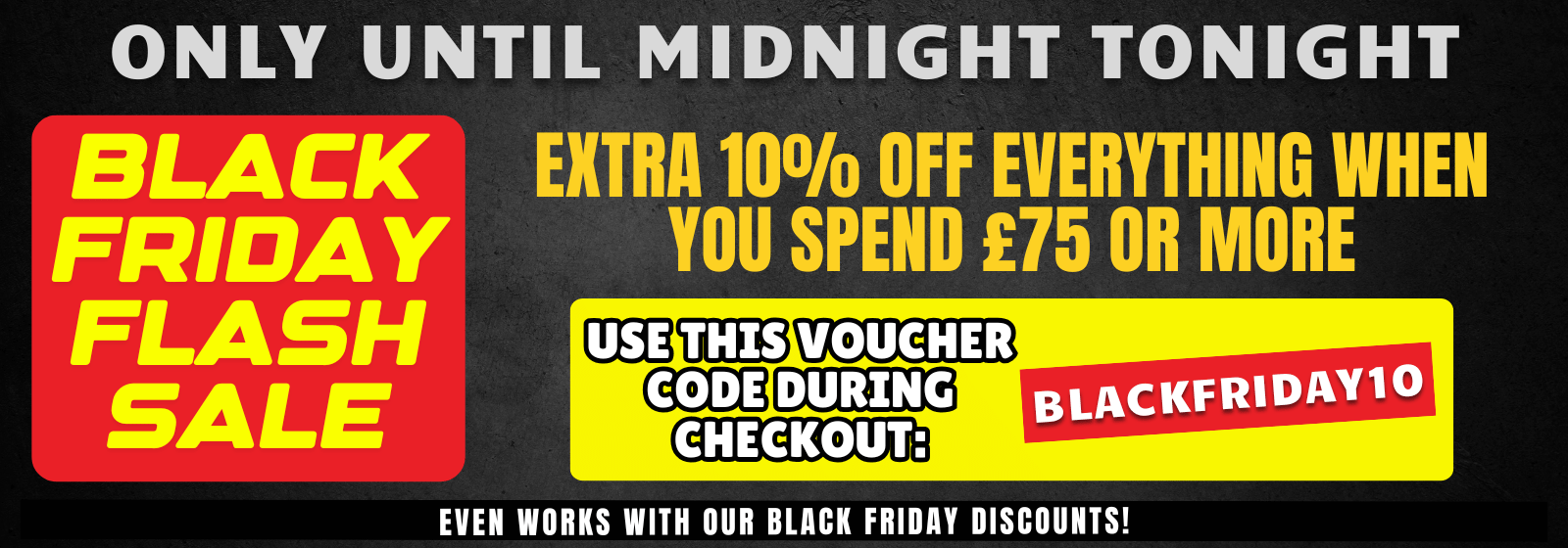 Black Friday flash sale banner with promotional text and voucher code.