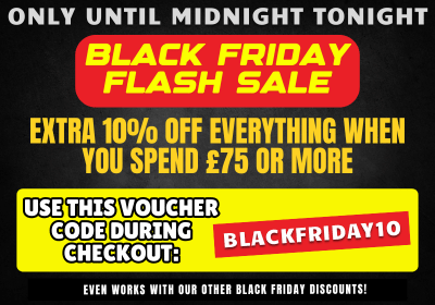 Black Friday flash sale advertisement with promotional text and voucher code on a black background.