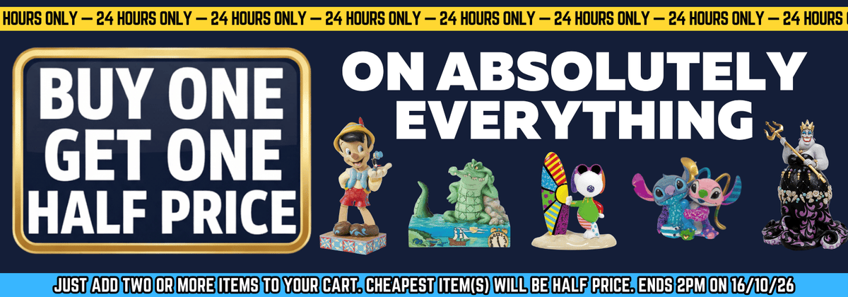 A promotional sale banner with the text 'BUY ONE GET ONE HALF PRICE' and 'ON ABSOLUTELY EVERYTHING' on a dark blue background, with figurines shown along the bottom.