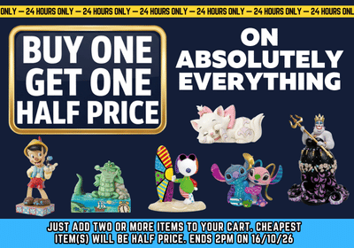 Promotional graphic for a toy store offer, featuring the text 'BUY ONE GET ONE HALF PRICE' and 'ON ABSOLUTELY EVERYTHING' on a dark blue background, with figurines and collectible items displayed below.
