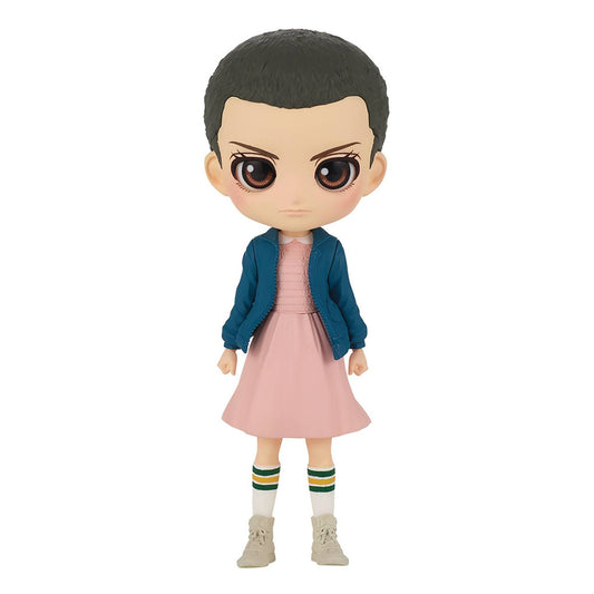 The Banpresto Eleven Vol 1 Stranger Things Q Posket by Bandai Namco features a chibi-style figure of Eleven in her iconic outfit—perfect for any Stranger Things fans collection.