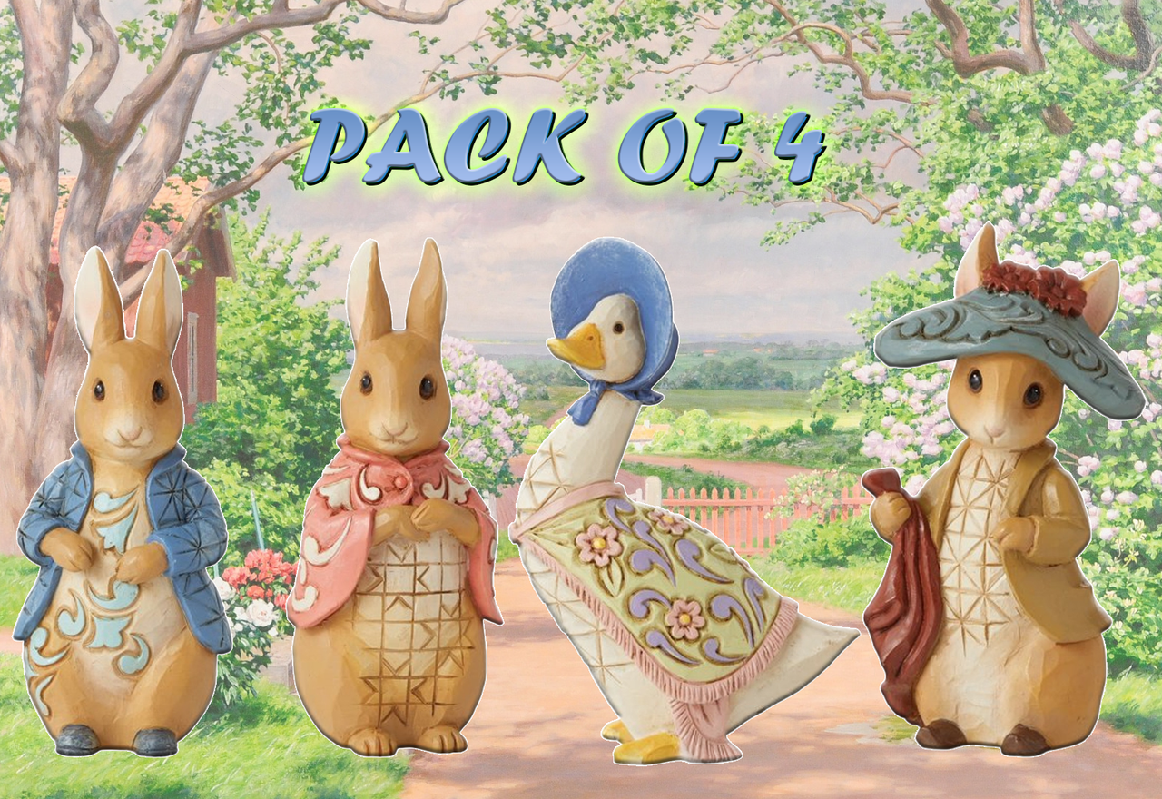 Four mini Beatrix Potter figurines by Jim Shore—Peter Rabbit, Flopsy Bunny, Jemima Puddle-Duck, and Benjamin Bunny—stand in a garden below PACK OF 4 in green and blue lettering.