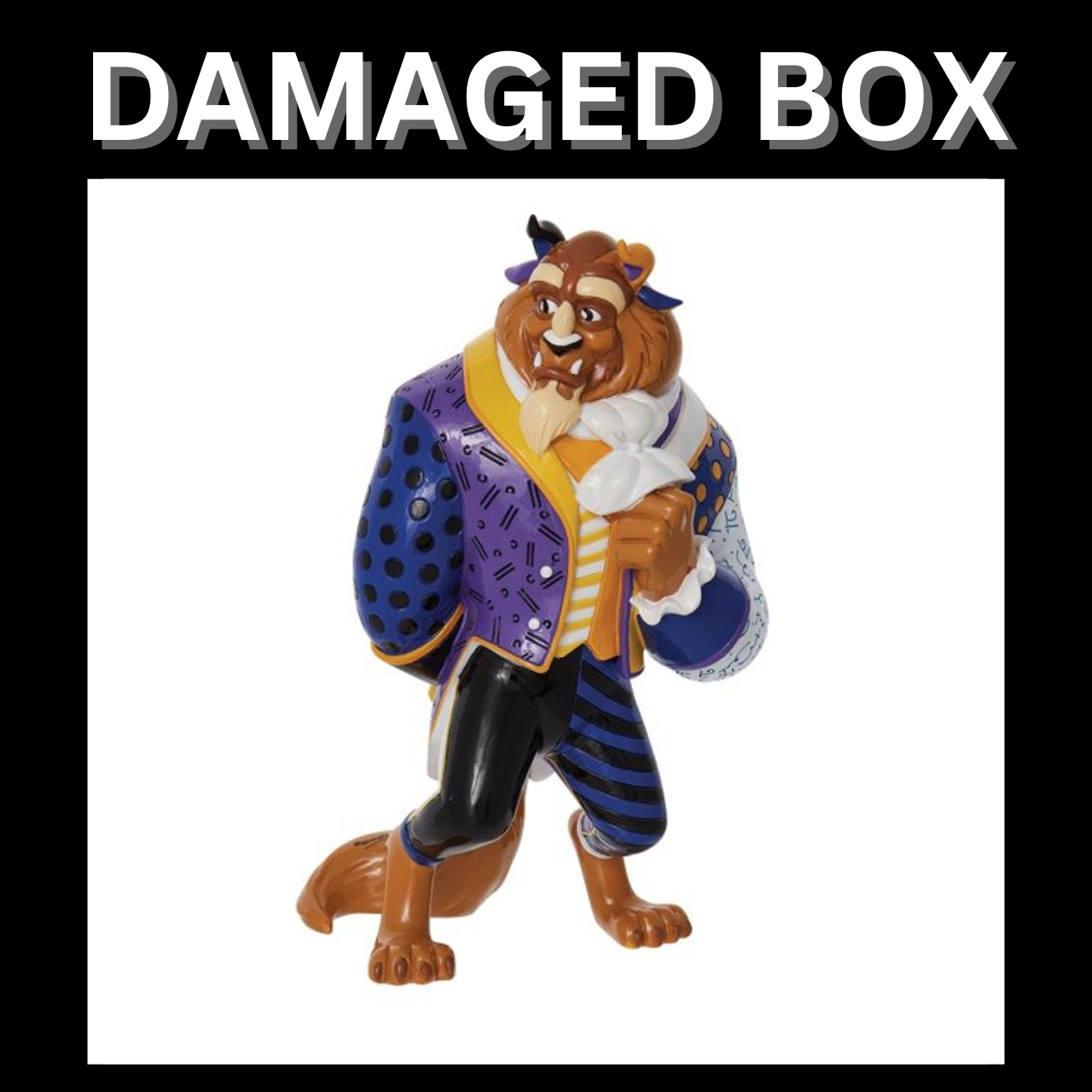 The DAMAGED BOX - Disney Britto Beast Figurine features Beauty and The Beast’s Beast in a patterned blue and purple jacket, standing upright. DAMAGED BOX appears in bold white letters on a black background. Brand: Disney Britto.