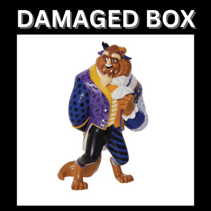 The DAMAGED BOX - Disney Britto Beast Figurine features Beauty and The Beast’s Beast in a patterned blue and purple jacket, standing upright. DAMAGED BOX appears in bold white letters on a black background. Brand: Disney Britto.