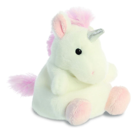 The Palm Pals Sassy Unicorn 5” Plush by Aurora World features white fur, a silver horn, pink ears, paws, tail, and a tuft of pink mane. This adorable, eco-friendly stuffed unicorn sits upright against a white background.