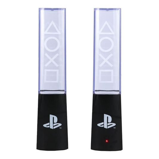 The PlayStation Liquid Dancing Lights by Paladone are two black speakers with clear tops, featuring official PlayStation controller symbols and a red light indicator. These speakers are an officially licensed PlayStation product.