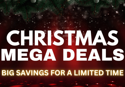 Promotional text for Christmas mega deals with a festive background.