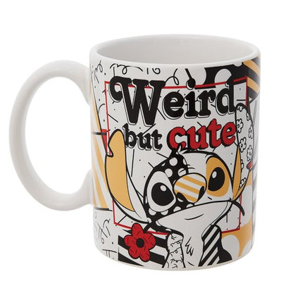 The Enesco Disney Britto Stitch Midas Mug 6010311 is a white mug featuring cartoon Stitch with large ears and a tie, surrounded by doodles. Weird but cute is printed in bold, making it perfect for any Lilo and Stitch fan.