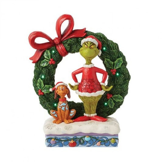 The Grinch and Max In Light-Up Wreath Figurine By Jim Shore 6015210