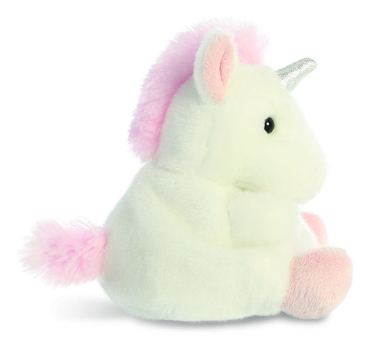 The Palm Pals Sassy Unicorn 5” Plush by Aurora World is a soft, eco-friendly stuffed unicorn with a pink mane and tail, silver horn, pink ears and hooves, and black eyes—perfect for snuggles.