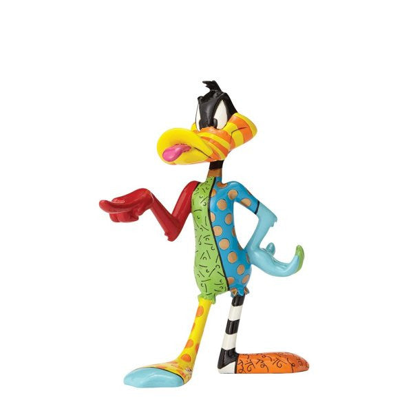 The Enesco Looney Tunes Britto Daffy Duck Figurine 4052547 features Daffy in bright colors and geometric patterns, posed playfully with one hand on his hip and the other pointing—a whimsical collectible tribute.