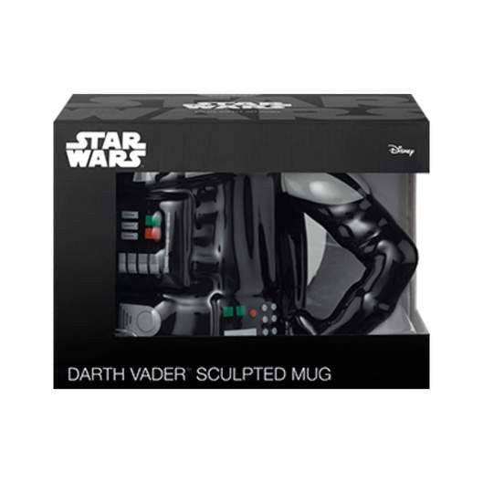 A black EXG Star Wars Darth Vader 3D Sculpted Mug shaped like his chest and arm, in original packaging with Star Wars and Disney logos. Official Lucasfilm-licensed drinkware reads: DARTH VADER SCULPTED MUG.