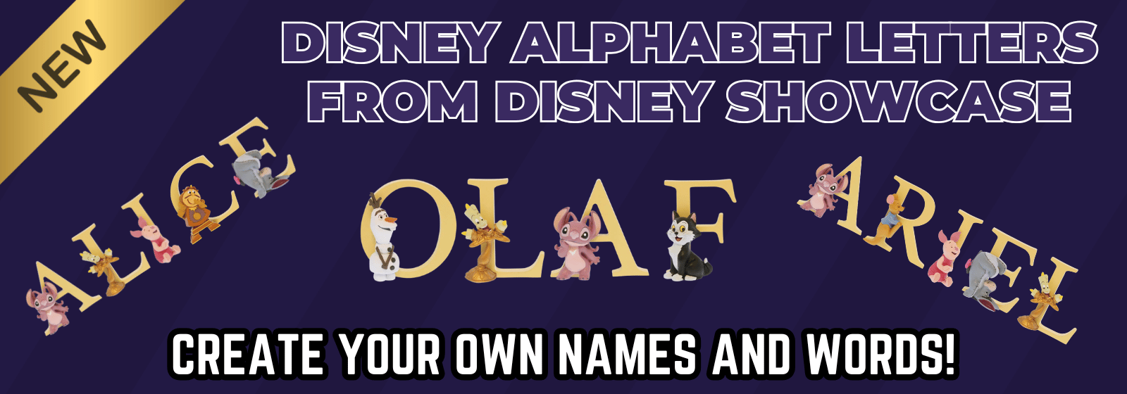 banner promoting Disney Alphabet collectable letters on a purple background