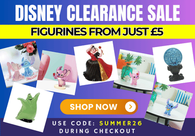 Promotional sale graphic for Disney clearance figurines with large text reading 'DISNEY CLEARANCE SALE' and 'FIGURINES FROM JUST £5'. Multiple small product photos are shown across a purple-to-blue gradient background, including character figurines and collectible items.